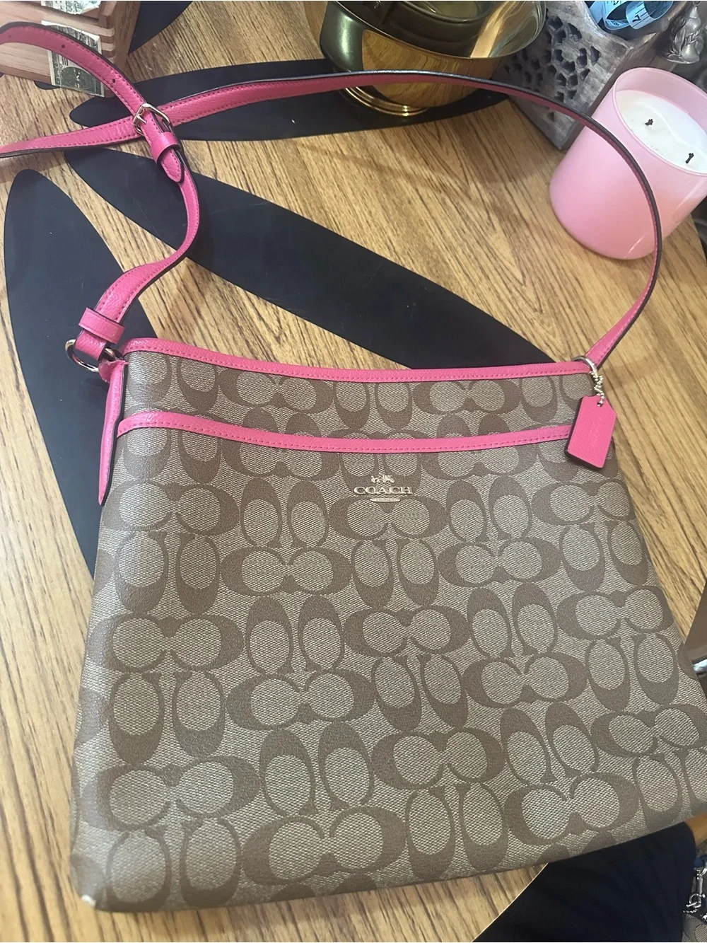 Vintage Coach Signature Crossbody Bag in Brown with Pink Trim